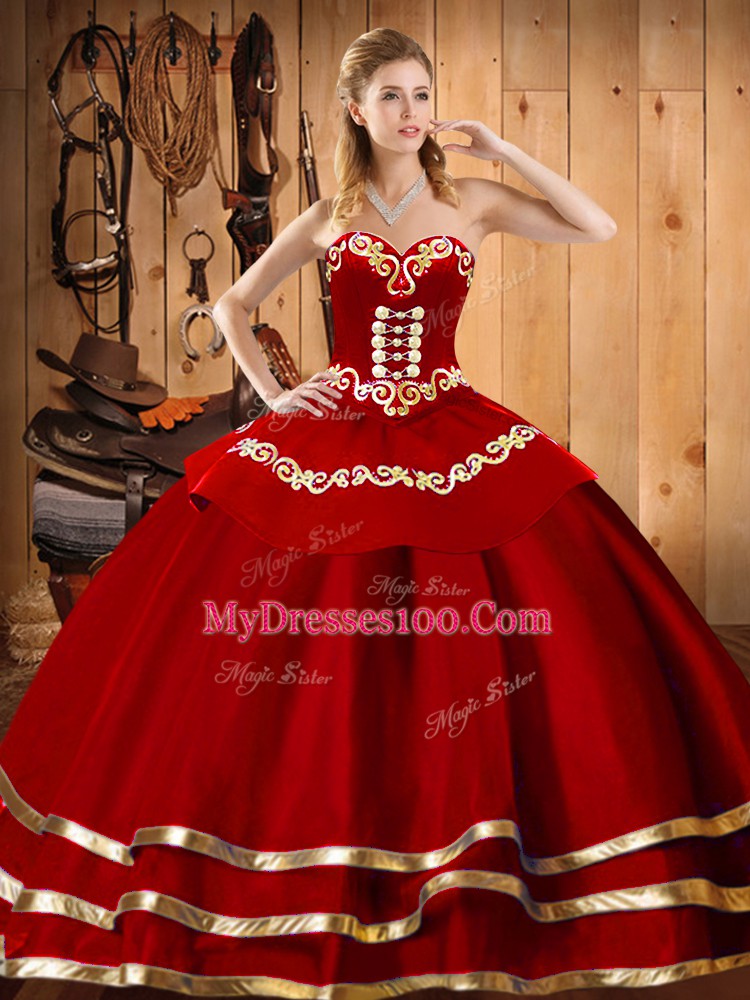 Excellent Sleeveless Organza Floor Length Lace Up Quinceanera Gowns in Wine Red with Embroidery