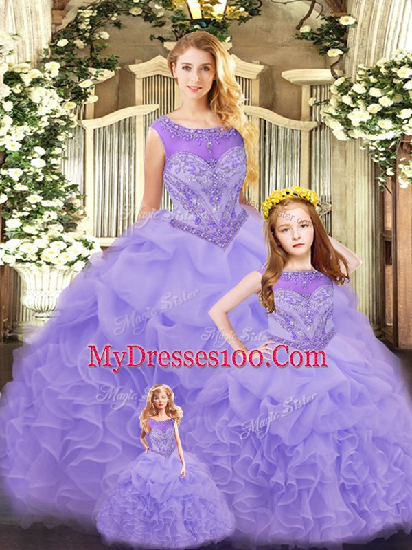 Lavender Ball Gowns Organza Scoop Sleeveless Ruffles Floor Length Lace Up Ball Gown Prom Dress