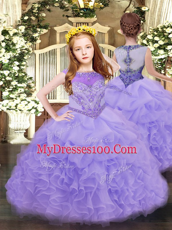 Lavender Ball Gowns Organza Scoop Sleeveless Ruffles Floor Length Lace Up Ball Gown Prom Dress