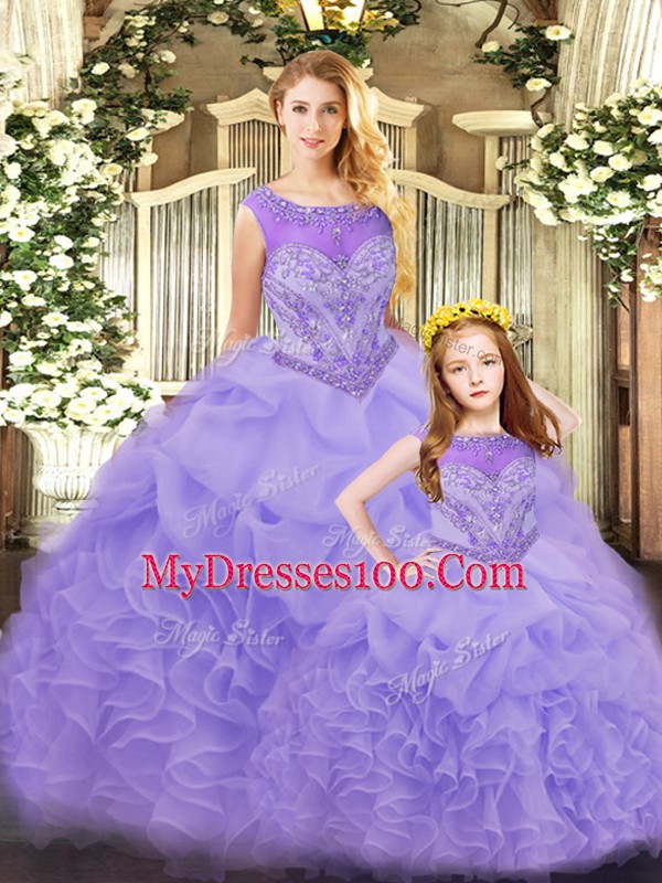 Lavender Ball Gowns Organza Scoop Sleeveless Ruffles Floor Length Lace Up Ball Gown Prom Dress