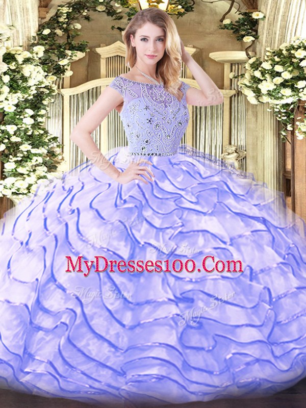 High Quality Sleeveless Sweep Train Zipper Beading and Ruffled Layers Quinceanera Gowns