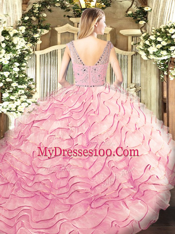 High Quality Sleeveless Sweep Train Zipper Beading and Ruffled Layers Quinceanera Gowns