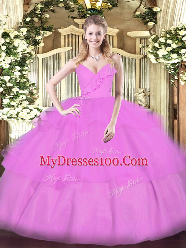 Modern Lilac 15th Birthday Dress Military Ball and Sweet 16 and Quinceanera with Ruffled Layers Spaghetti Straps Sleeveless Zipper