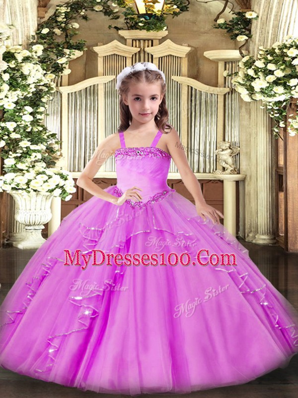 Sweet Floor Length Lilac Kids Pageant Dress Organza Sleeveless Appliques and Ruffles