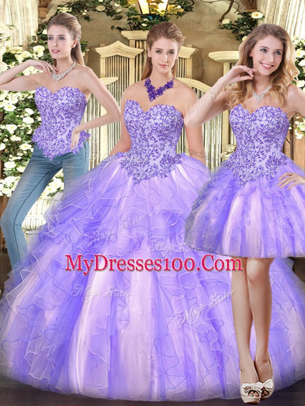 Top Selling Floor Length Lavender Ball Gown Prom Dress Organza Sleeveless Appliques and Ruffles