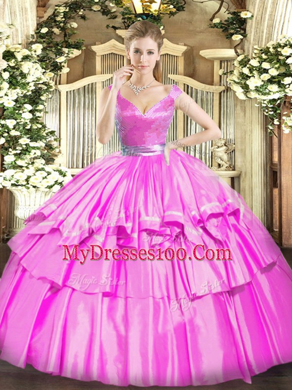 Superior Sleeveless Floor Length Beading and Ruffled Layers Zipper Quince Ball Gowns with Fuchsia