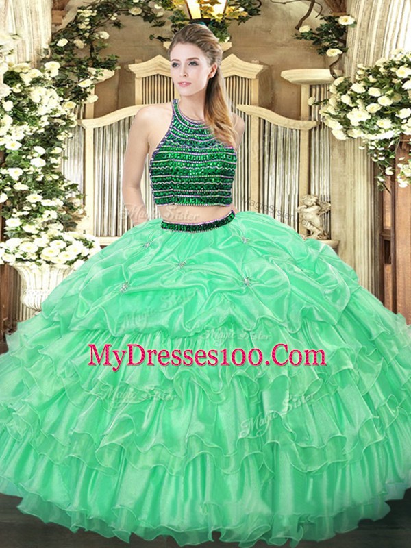 Apple Green Organza Zipper Halter Top Sleeveless Floor Length Sweet 16 Quinceanera Dress Beading and Ruffled Layers