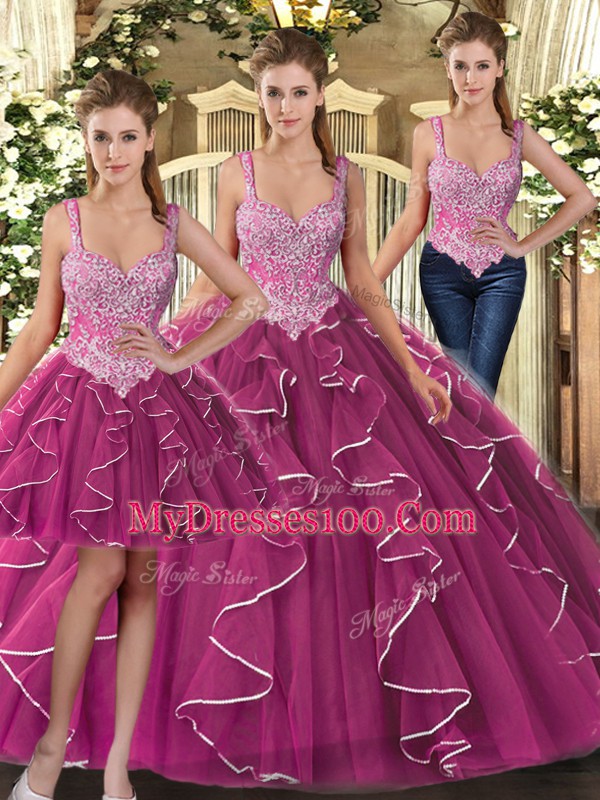 Fuchsia Ball Gowns Tulle Straps Sleeveless Beading and Ruffles Floor Length Lace Up Quinceanera Dress