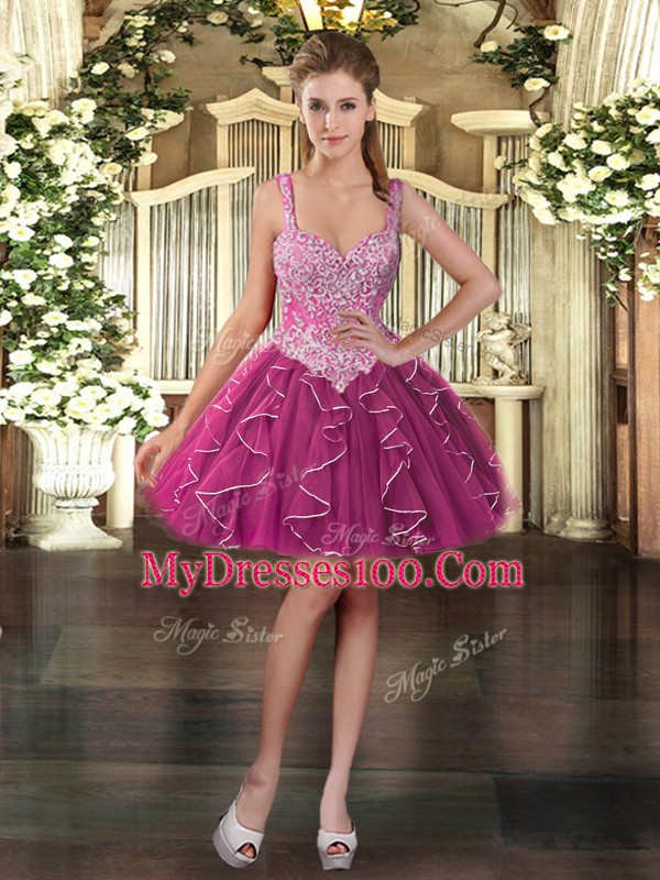 Fuchsia Ball Gowns Tulle Straps Sleeveless Beading and Ruffles Floor Length Lace Up Quinceanera Dress