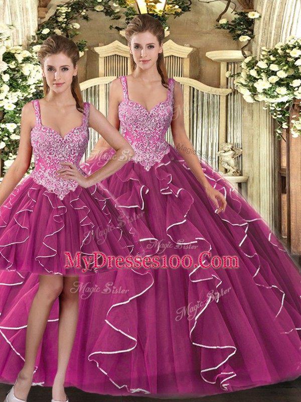 Fuchsia Ball Gowns Tulle Straps Sleeveless Beading and Ruffles Floor Length Lace Up Quinceanera Dress