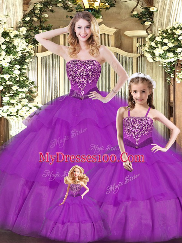 Best Purple Sleeveless Organza Lace Up Quinceanera Gowns for Military Ball and Sweet 16 and Quinceanera