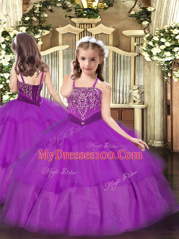 Best Purple Sleeveless Organza Lace Up Quinceanera Gowns for Military Ball and Sweet 16 and Quinceanera