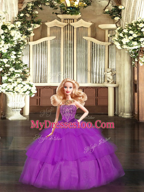 Best Purple Sleeveless Organza Lace Up Quinceanera Gowns for Military Ball and Sweet 16 and Quinceanera