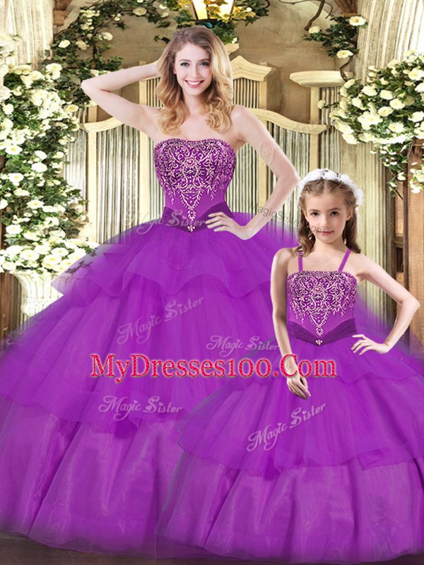 Best Purple Sleeveless Organza Lace Up Quinceanera Gowns for Military Ball and Sweet 16 and Quinceanera