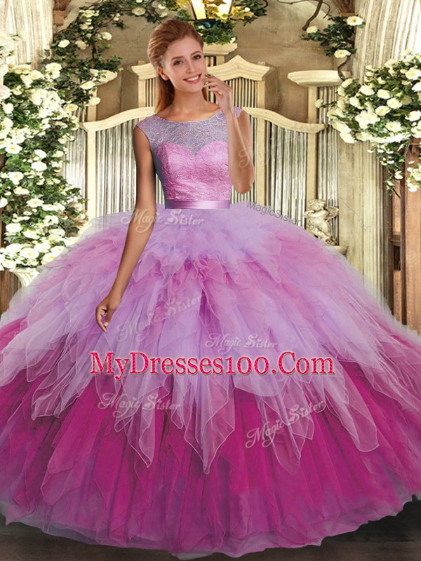 Scoop Sleeveless Backless Quinceanera Gowns Multi-color Tulle