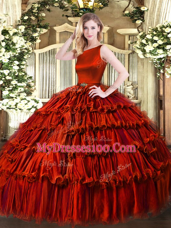 Organza Scoop Sleeveless Clasp Handle Ruffled Layers Sweet 16 Quinceanera Dress in Wine Red