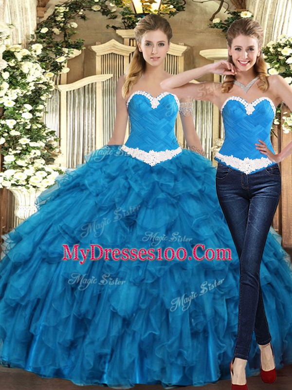 Modest Sleeveless Tulle Floor Length Lace Up Ball Gown Prom Dress in Teal with Ruffles