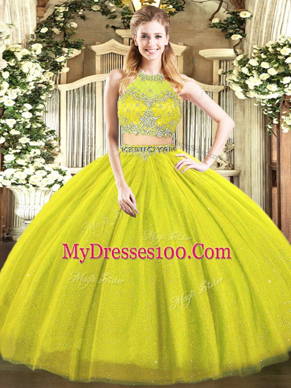 Fashion Tulle Scoop Sleeveless Zipper Beading Quince Ball Gowns in Olive Green