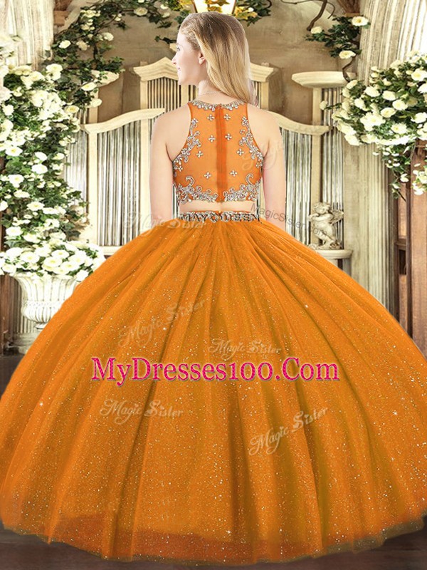 Fashion Tulle Scoop Sleeveless Zipper Beading Quince Ball Gowns in Olive Green