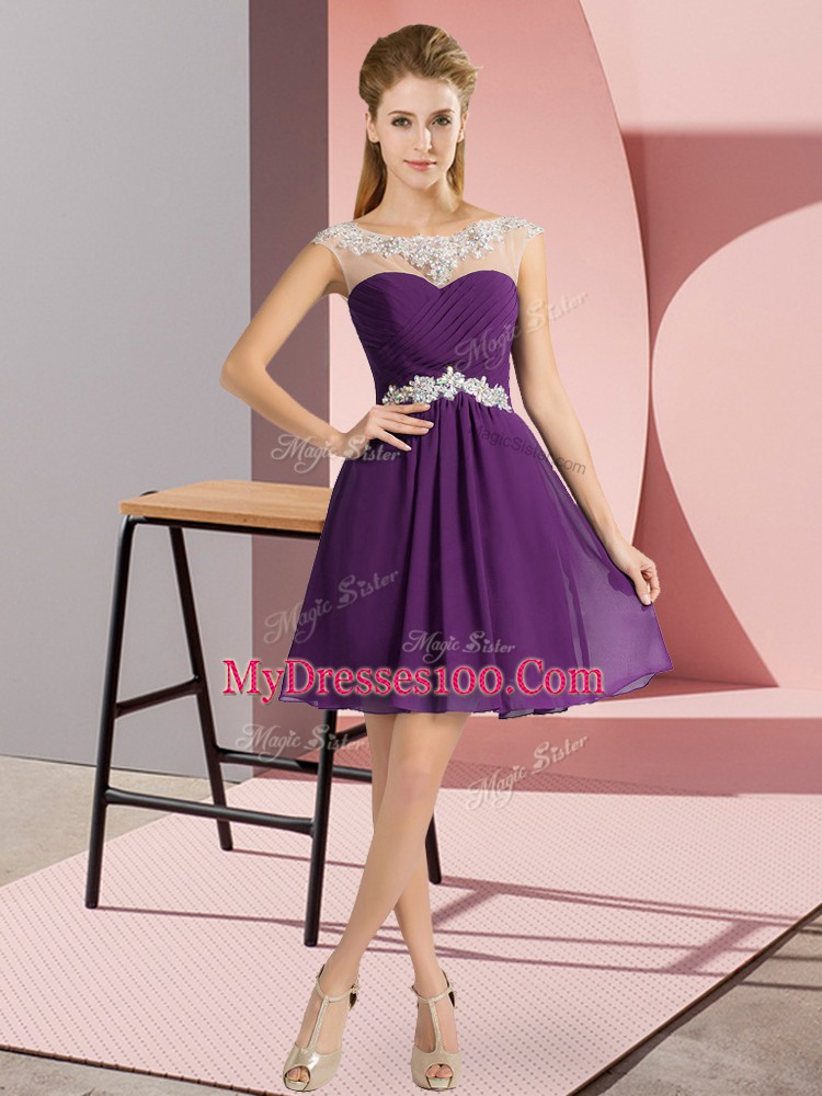 Purple Empire Scoop Cap Sleeves Chiffon Mini Length Lace Up Beading Prom Evening Gown