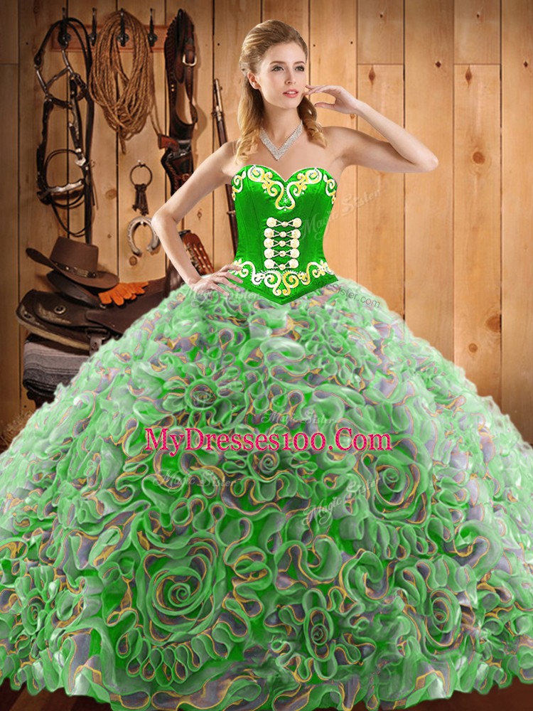 Sweetheart Sleeveless Sweep Train Lace Up Sweet 16 Dress Multi-color Satin and Fabric With Rolling Flowers