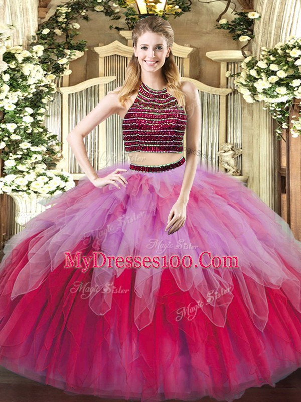 Comfortable Halter Top Sleeveless Lace Up Sweet 16 Dresses Multi-color Tulle