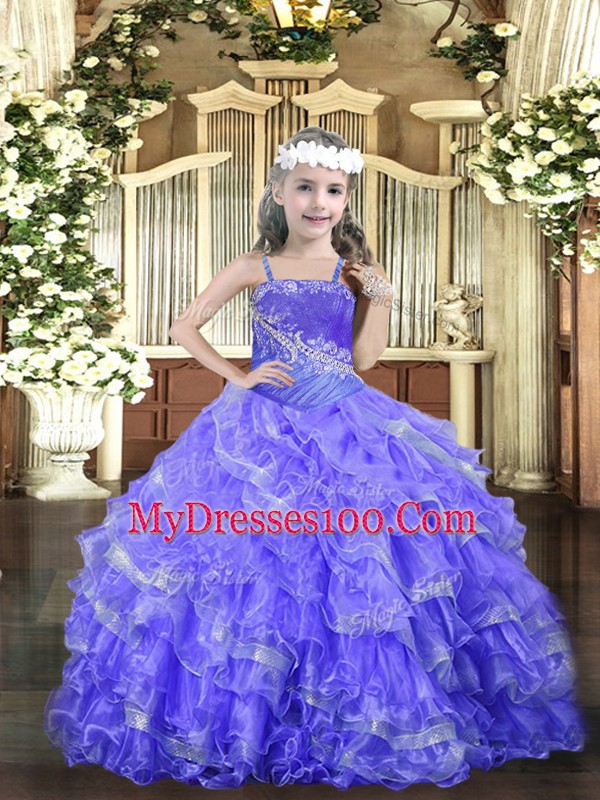 Lavender Straps Neckline Beading and Ruffled Layers Little Girls Pageant Gowns Sleeveless Lace Up