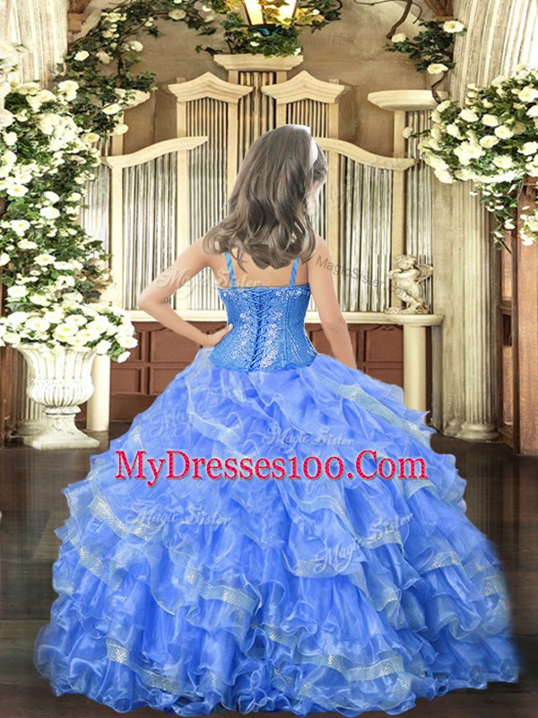 Lavender Straps Neckline Beading and Ruffled Layers Little Girls Pageant Gowns Sleeveless Lace Up