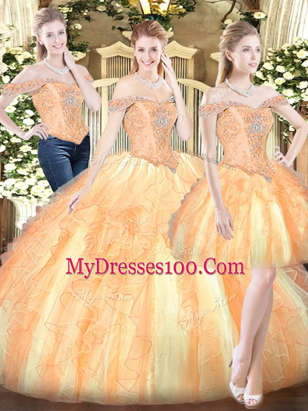 Custom Design Off The Shoulder Sleeveless Organza Sweet 16 Dresses Ruffles Lace Up