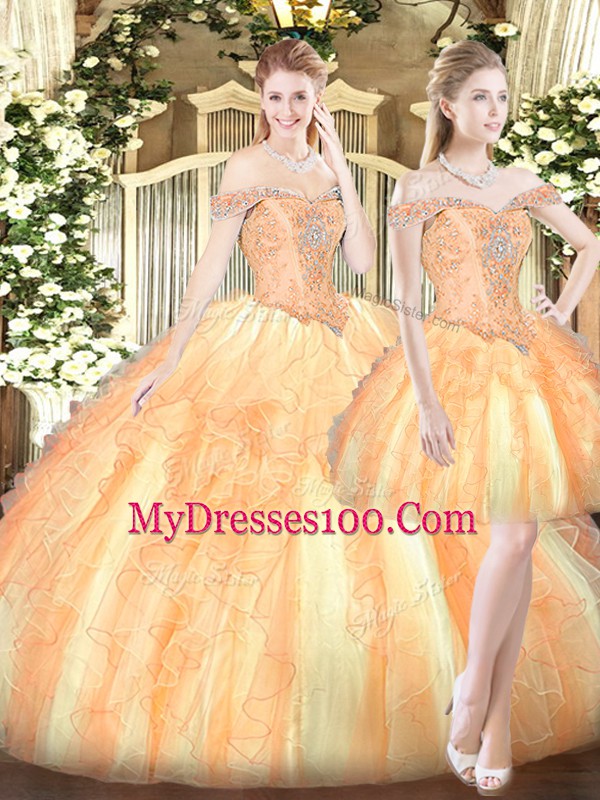Custom Design Off The Shoulder Sleeveless Organza Sweet 16 Dresses Ruffles Lace Up