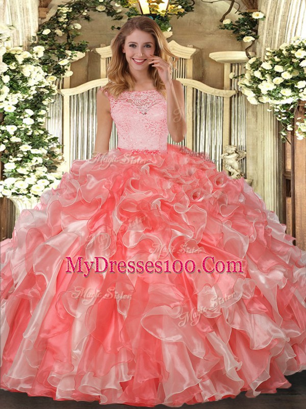 Coral Red Ball Gowns Scoop Sleeveless Organza Floor Length Clasp Handle Lace and Ruffles Quinceanera Gown