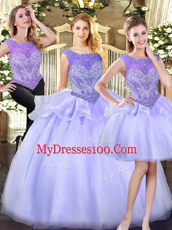 Fantastic Sleeveless Organza Floor Length Zipper Sweet 16 Dress in Lavender with Beading
