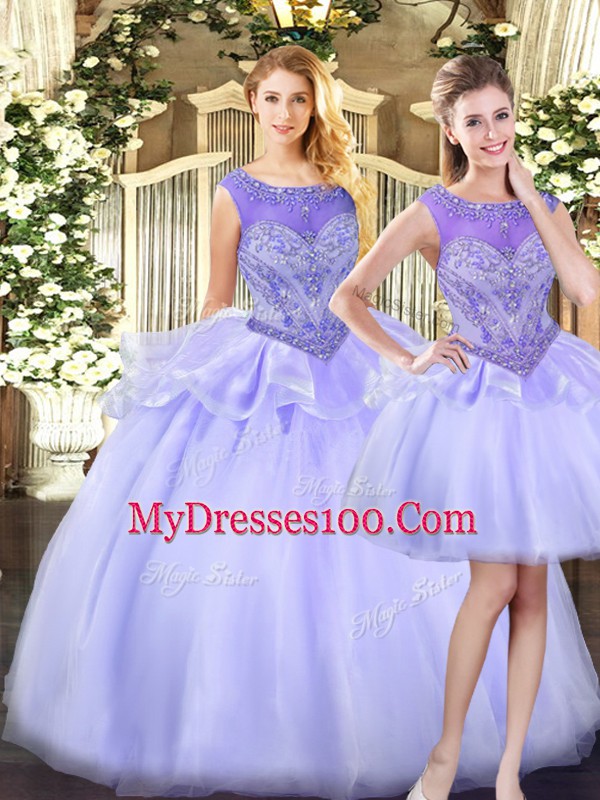 Fantastic Sleeveless Organza Floor Length Zipper Sweet 16 Dress in Lavender with Beading
