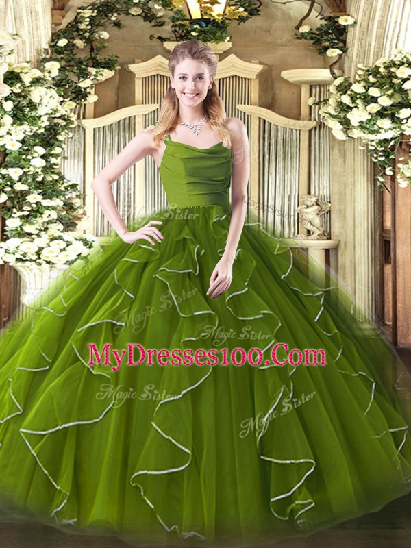 Perfect Floor Length Olive Green 15 Quinceanera Dress Organza Sleeveless Ruffles