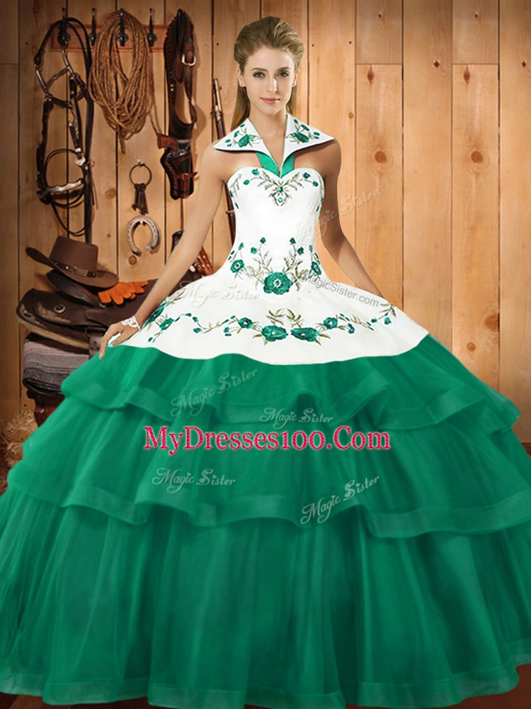 High Quality Turquoise Sleeveless Sweep Train Embroidery and Ruffled Layers Quinceanera Dress