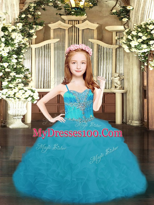 Aqua Blue Lace Up Spaghetti Straps Beading and Ruffles and Pick Ups Kids Formal Wear Organza Sleeveless