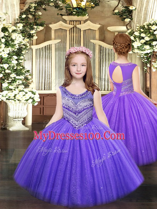 Classical Lavender Scoop Lace Up Beading Little Girl Pageant Gowns Sleeveless