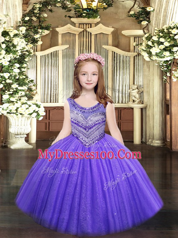 Classical Lavender Scoop Lace Up Beading Little Girl Pageant Gowns Sleeveless