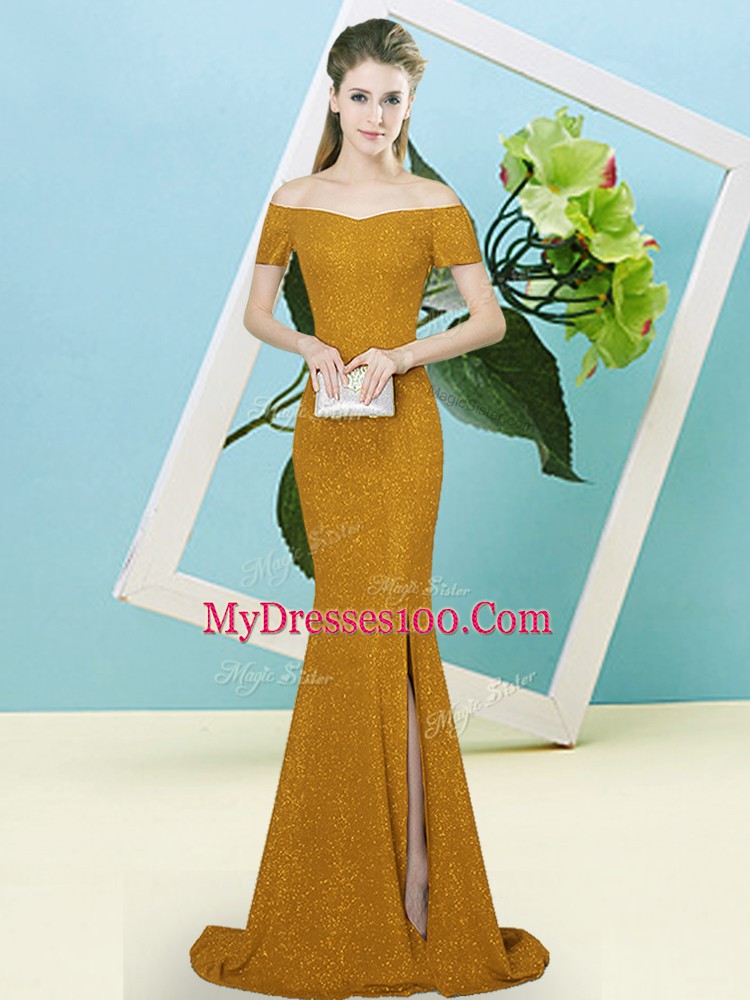 Brown Mermaid Off The Shoulder Short Sleeves Sequined Sweep Train Zipper Sequins Going Out Dresses
