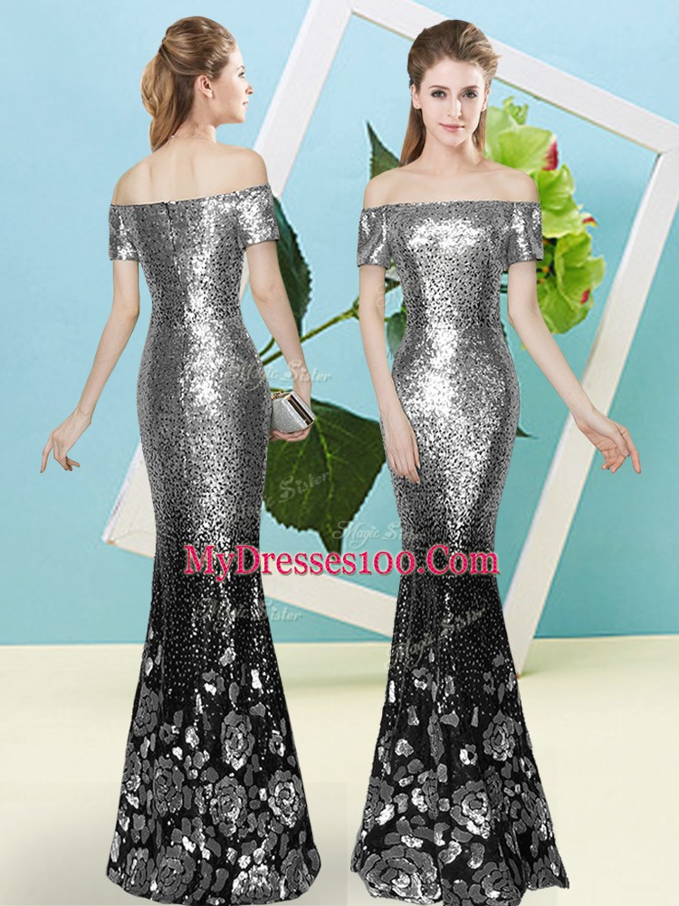 Mermaid Prom Dress Silver V-neck Sequined Short Sleeves Floor Length Zipper
