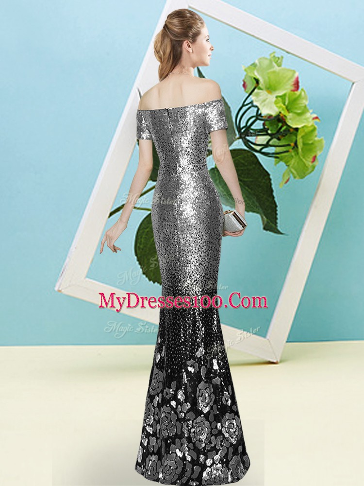 Mermaid Prom Dress Silver V-neck Sequined Short Sleeves Floor Length Zipper