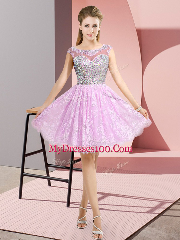 Lilac Empire Scoop Cap Sleeves Lace Mini Length Backless Beading