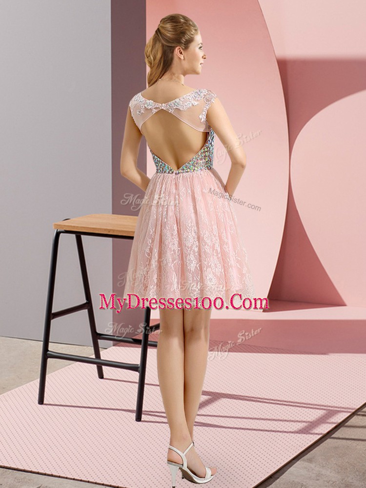 Lilac Empire Scoop Cap Sleeves Lace Mini Length Backless Beading