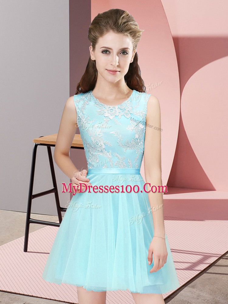 Amazing Aqua Blue Scoop Neckline Lace Bridesmaid Dress Sleeveless Side Zipper
