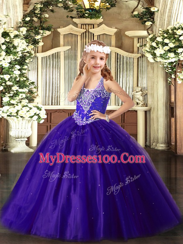 Tulle Sleeveless Floor Length Girls Pageant Dresses and Beading