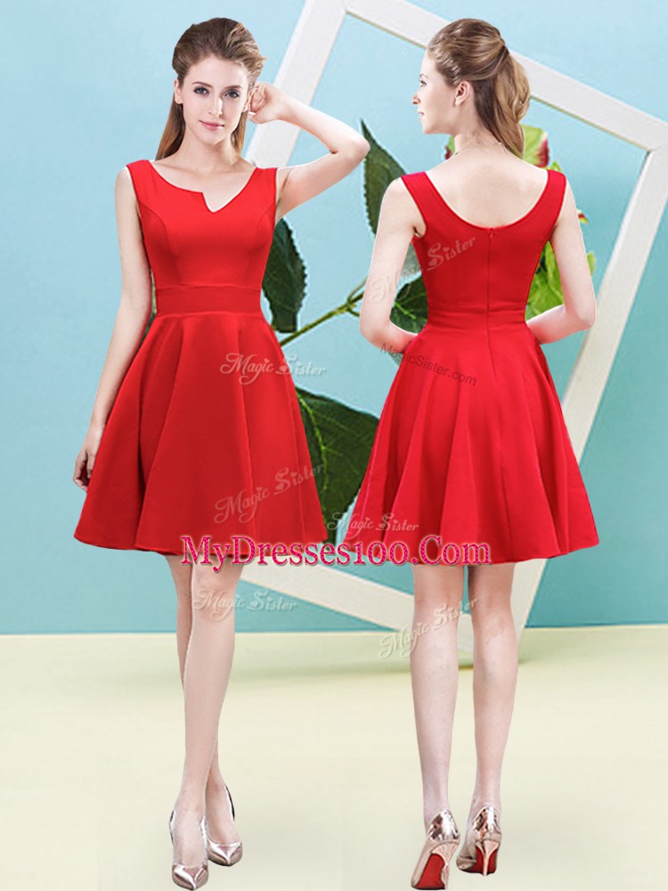 Customized Red A-line Asymmetric Sleeveless Satin Mini Length Zipper Ruching Bridesmaids Dress