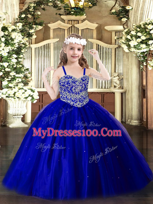 Royal Blue Ball Gowns Beading Pageant Gowns For Girls Lace Up Tulle Sleeveless Floor Length