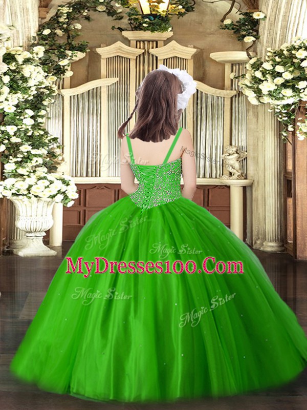 Royal Blue Ball Gowns Beading Pageant Gowns For Girls Lace Up Tulle Sleeveless Floor Length
