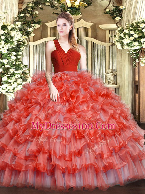 New Arrival Floor Length Zipper Sweet 16 Dresses Coral Red for Military Ball and Sweet 16 and Quinceanera with Ruffled Layers