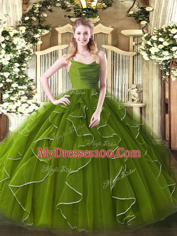 Olive Green Ball Gowns Organza Straps Sleeveless Ruffles Floor Length Zipper Quinceanera Gown